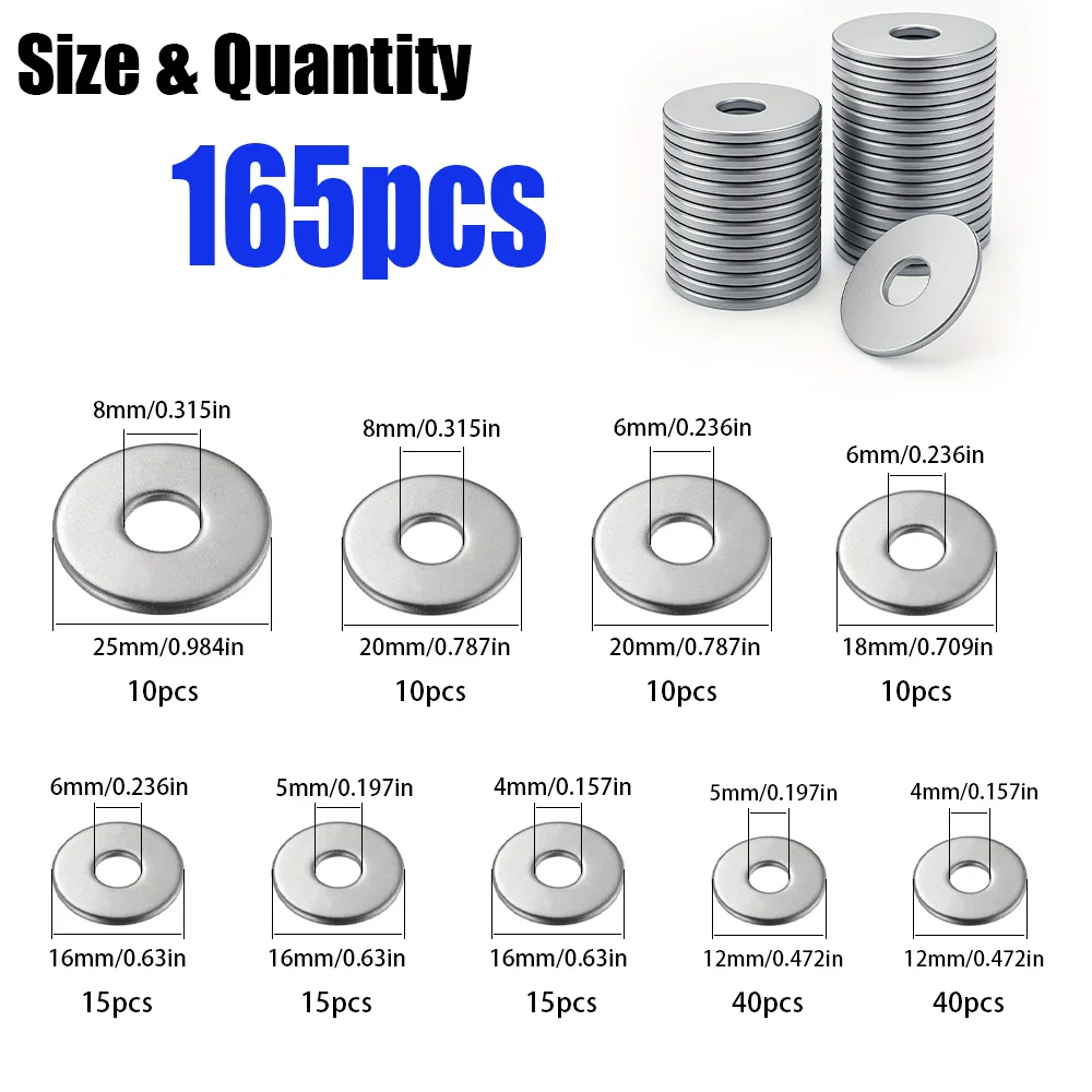 165 Large Wide-Body Stainless Steel Flat Washers M4,M5,M6,M8, for Home Maintenance, Shop Repairs, and Outdoor Building Repairs