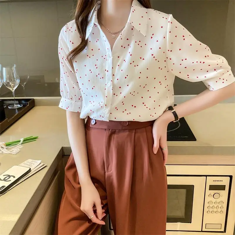 Summer Woman Clothes Chic French Romantic Style Sweet Heart Floral Elegant Polo-neck Youth Bright Lively Office Lady Fashionable