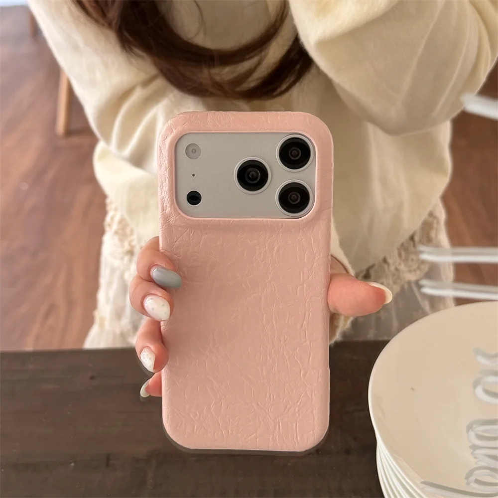Retro Elegant Soft Bubble Wrinkle Phone Case for iPhone 18 Pro Max 17 16 15 14 Simple Matte PU Leather Slim Protective Cover