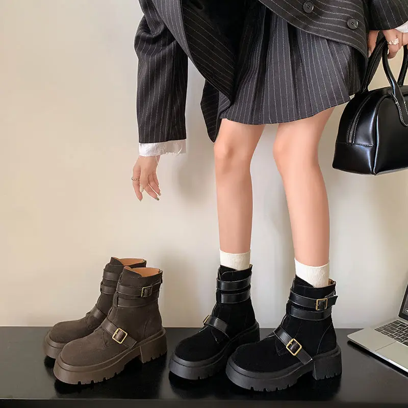 

2026 новые осенне-зимние женские ботильоны из натуральной кожи, 22-25 см, замша из коровьей кожи, пряжка на молнии сзади, ботинки на платформе, рыцарские сапоги