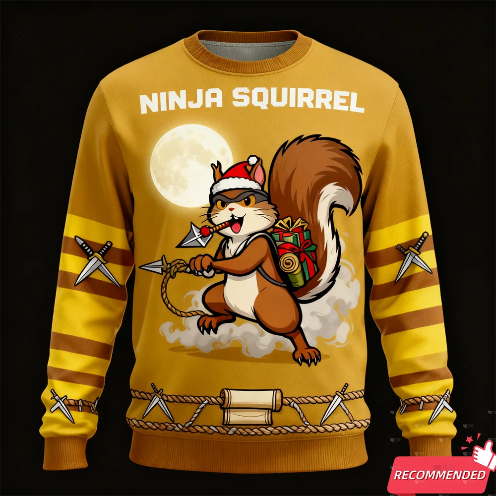 Crazy Animals Christmas Ugly Sweatshirt Squirrel Ninja 3D Print Xmas Festival Party O-neck Ugly Sweater Santa Graphic Pullovers