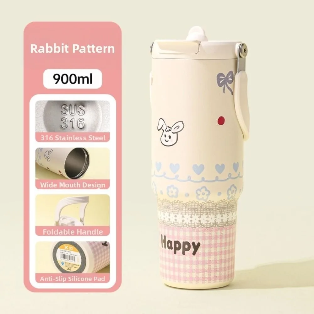 

900ML Straw Insulated Cup Insulation Dust Cover Straw Cartoon Water Bottle Cute Stainless Steel Straw Ton Cup Girl