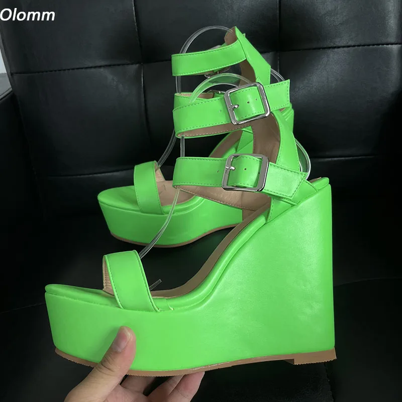 

Olomm Real Pictures Women Summer Platform Sandals Wedges High Heels Open Toe Pretty Green Cosplay Shoes US Plus Size 4-20