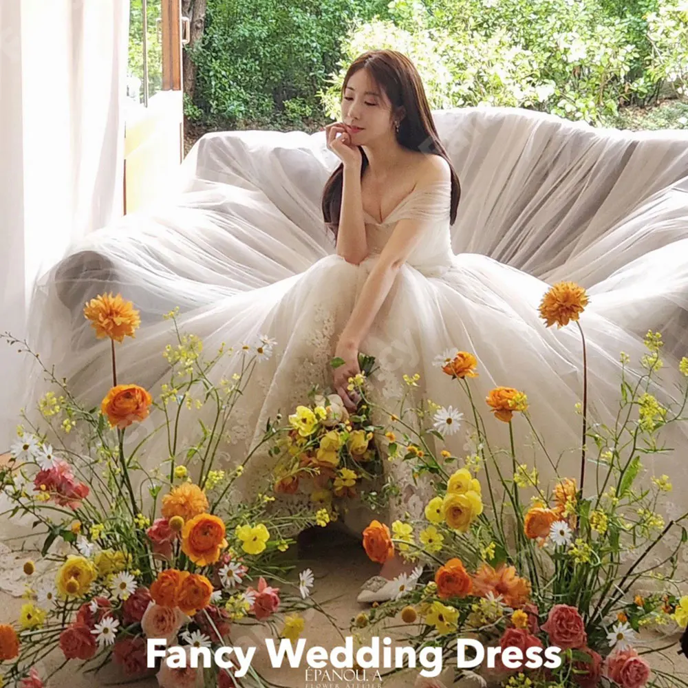 Fancy Elegant Off Shoulder Wedding Dress Korea Photoshoot A Line Tulle Bridal Gown Short Sleeves Floor Length 웨딩드레스