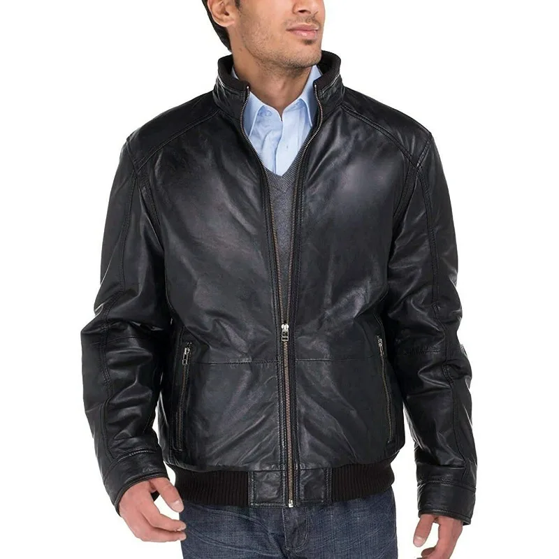 

Men's 100% Genuine Lambskin Leather Jacket Winter Soft Bomber Black Elegant Coat