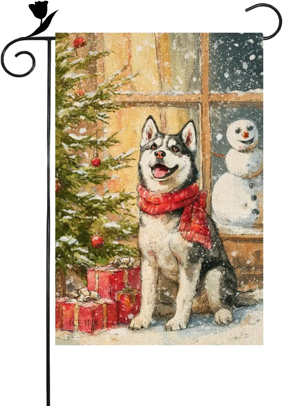 Ice ink Merry Christmas Tree Husky Garden Flag 12x18 Inch Double Sided Linen Small Yard Flag House Flags For Outdoor Home De yyi