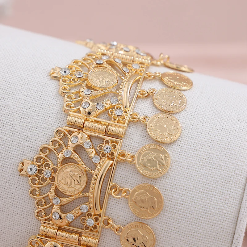 Moroccan Luxury Bridal Headpiece Hollow Gold Crown Design with Dangling Engraved Coins Wedding Hair Band image 6