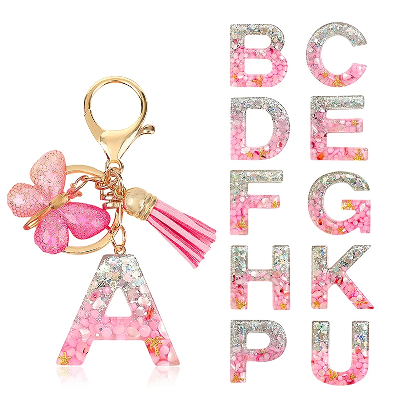 A-Z Dreamy Sequin Letters Keychain For Women Tassel Butterfly Pendant Initial Keyring Purse Suspension Bags Charms Car Key Chain