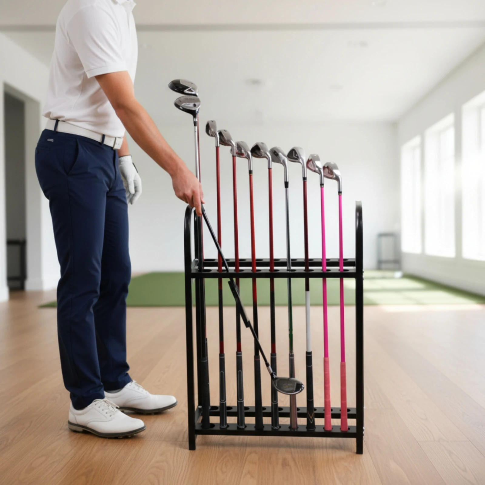 support-de-rangement-pour-clubs-de-golf-a-18-emplacements-autoportant-en-fer-thermolaque-pour-golfeurs-et-garage