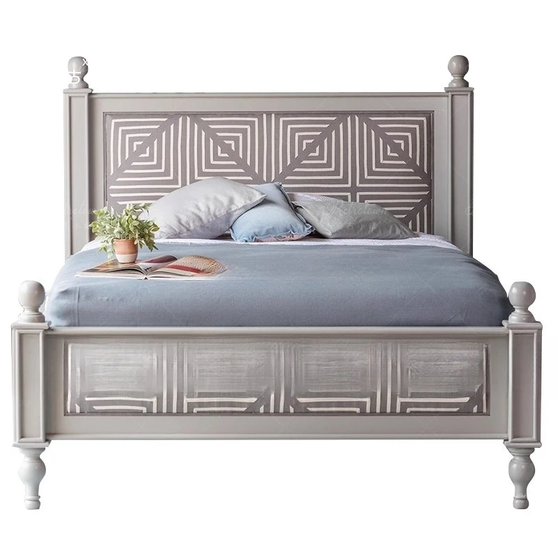 

American retro solid wood modern double bed simple carved Roman column master