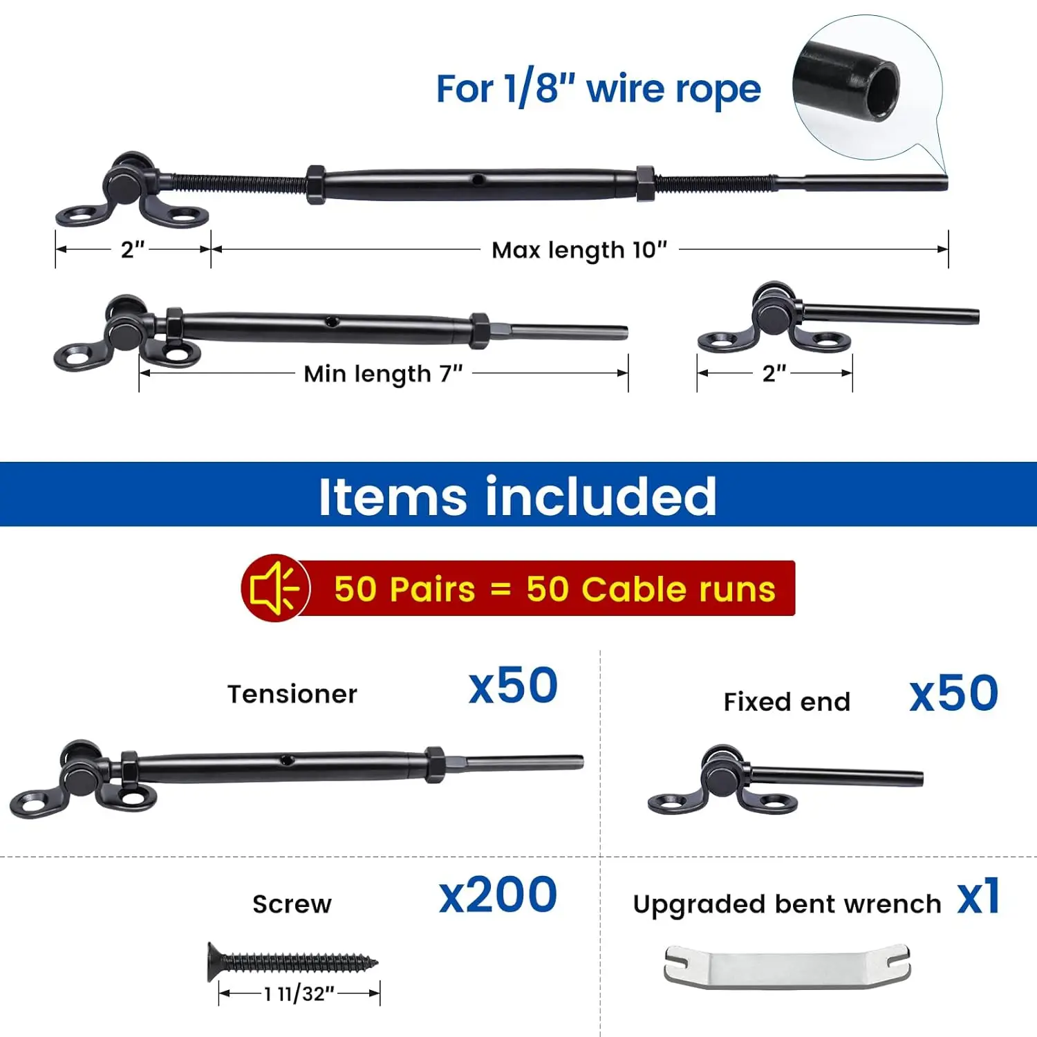 

50 пар 1/8 "черных кабельных перила, комплект оборудования, поворотный тумблер, фаркоп для деревянной стойки T316, кабель для палубы из нержавеющей стали
