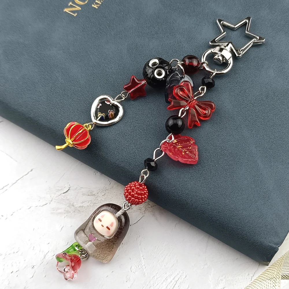 Kawaii Kaonashi Anime Keychain Inspired Resin Red Flower Bowknot Keyring Backpack Pendant Cosplay Accesserios