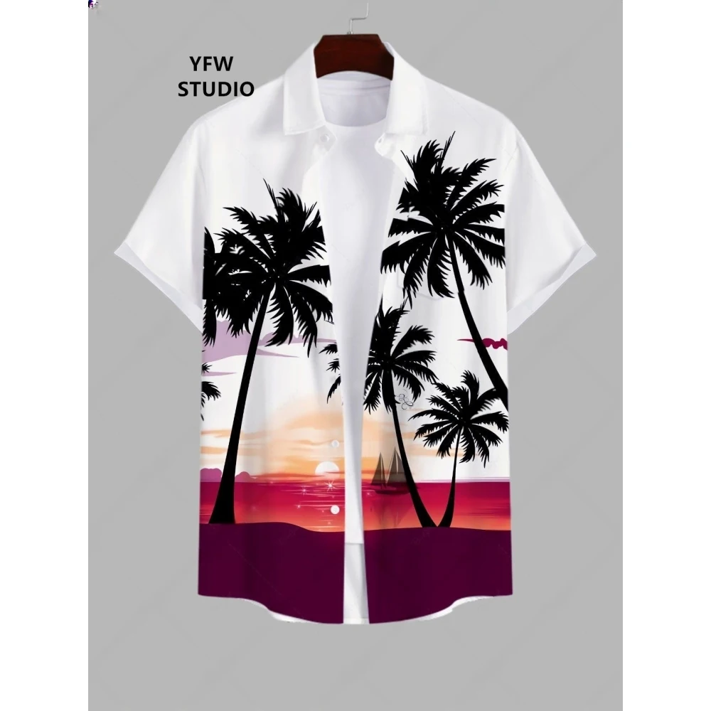Hawaiian Wutong Tree Sunset Vacation Beach Pattern Print Men's Shirt Harajuku Elegant Mens Shirts Men's Clothing Tops