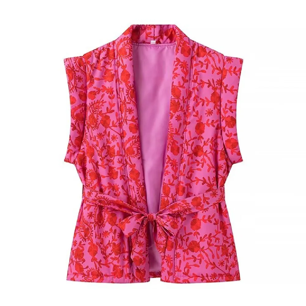 2024 Ethnic Women Rose Pink Flower Print Quilted Vest Sleeveless Coat V neck Tie Bow Sashes Waistcoat Short Vintage Outerwear