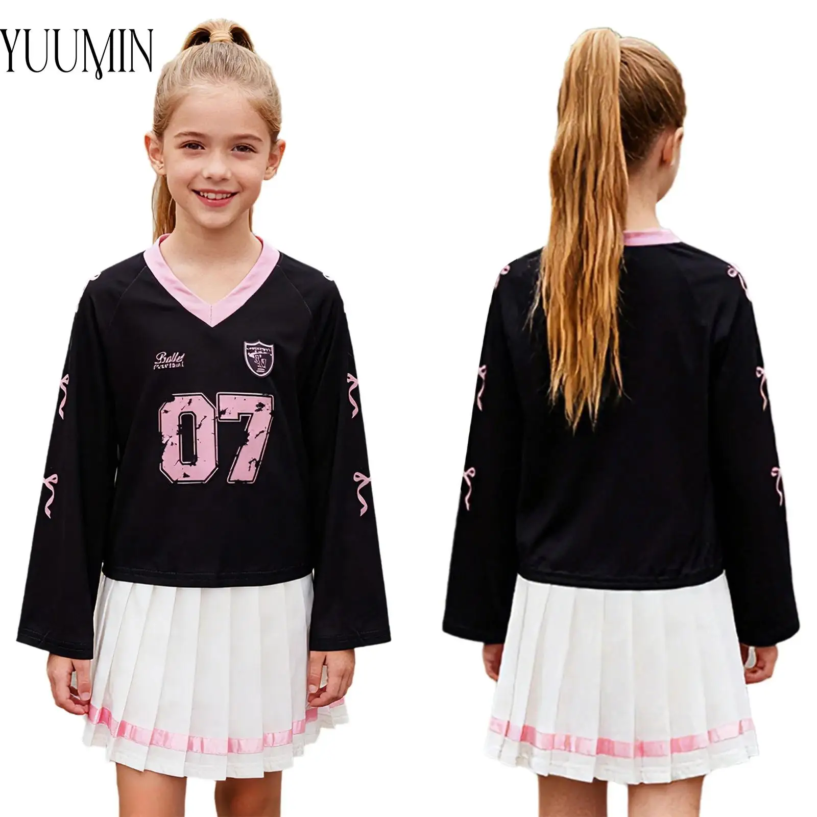 

Kids Girls Workout Tennis Outfit Contrasting Long Sleeve Stylish T-shirt with Pleated Skirt for Table Volleyball Badminton Yoga