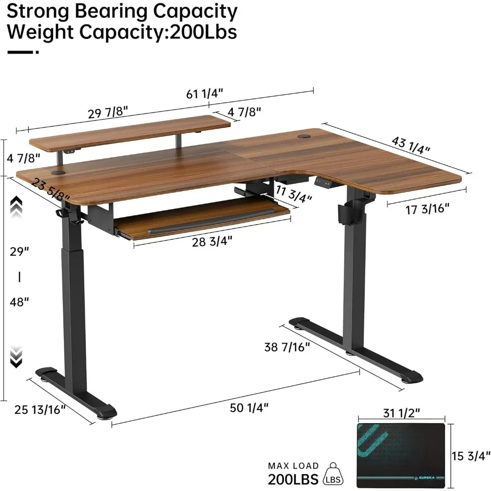 Biurko komputerowe 61-calowe z półką na klawiaturę Biurko w kształcie litery L do pracy/biura domowego, podwójny silnik, ustawienia pamięci, 2 USB/RGB
