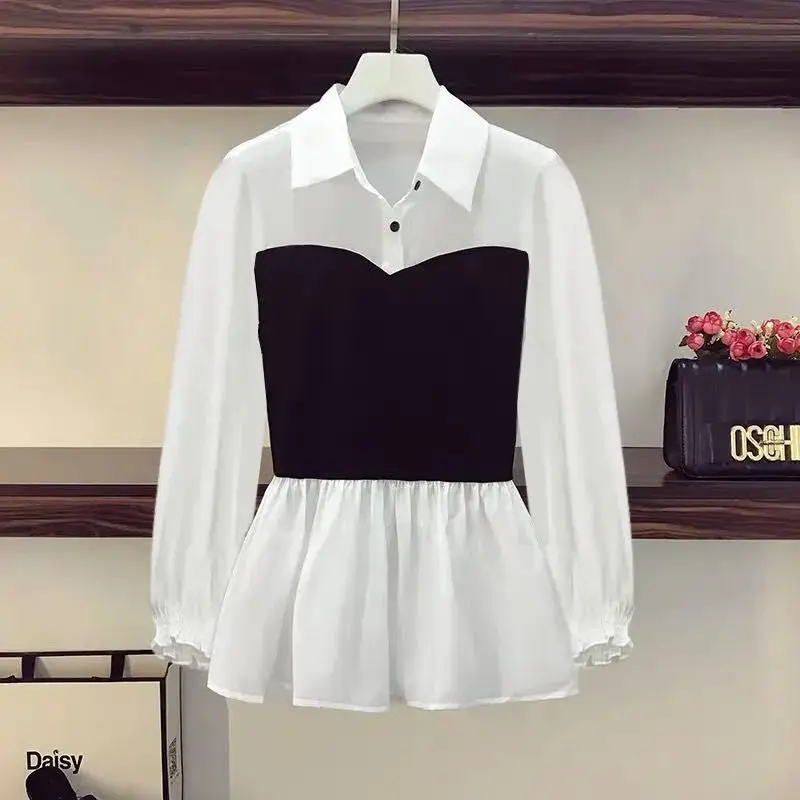 

New Spring and Autumn Style Spliced Fake Two-piece Chiffon Shirt Female Celebrity Style Slim and Temperament Shirt Top