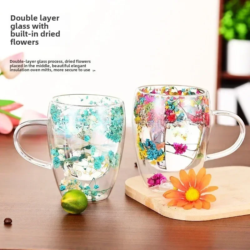 

New 350ML Glass Cup Creative Double Wall Coffee Mug Dried Flower Filler Cups Tea Coffee Cup with Handle Heat Resistant Mug Gift