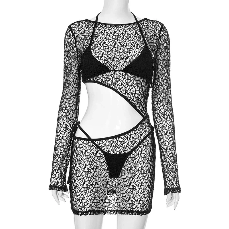 

Women's Three Piece Set Black Perspective Bikini New Arrival Hollow Long Sleeves Sunscreen Dresses Female