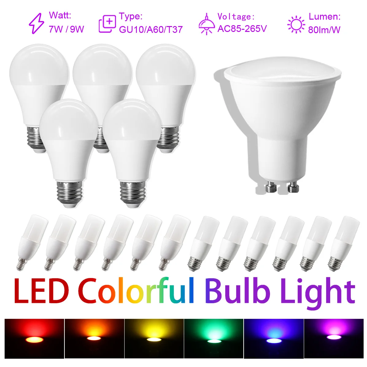

8 шт. светодиодные цветные лампы накаливания переменного тока 220 В 120 В GU10 Spot E14 E27 RED Зеленый Синий Желтый Оранжевый Фиолетовый Освещение для Спальни Derec