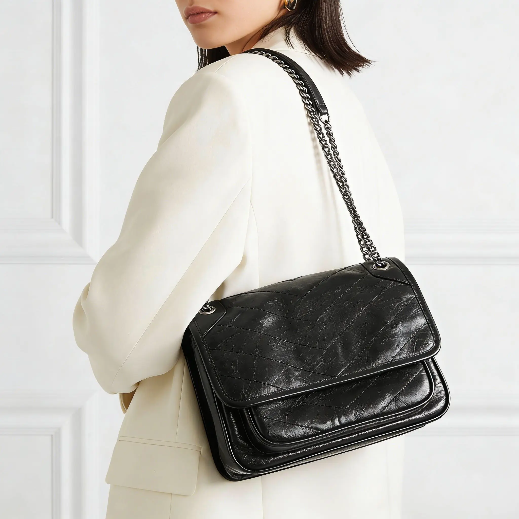 

Luxury Bag Vintage Quilted Chain Shoulder Bag Women Black Oil Wax Leather Crossbody Purse Retro Flap Hobo Handbag for Ladies
