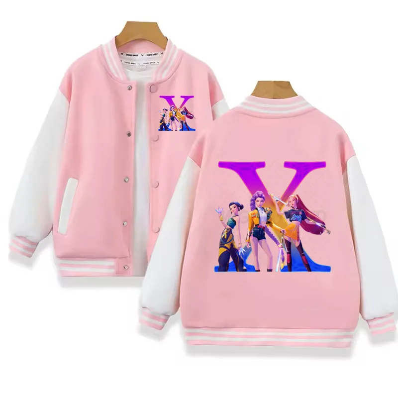 

Детская бейсбольная форма Kpop Demon Hunters, куртка с капюшоном, одежда для девочек, куртка с принтом букв A-Z, новая толстовка в стиле Харадзюку, подарки для фанатов
