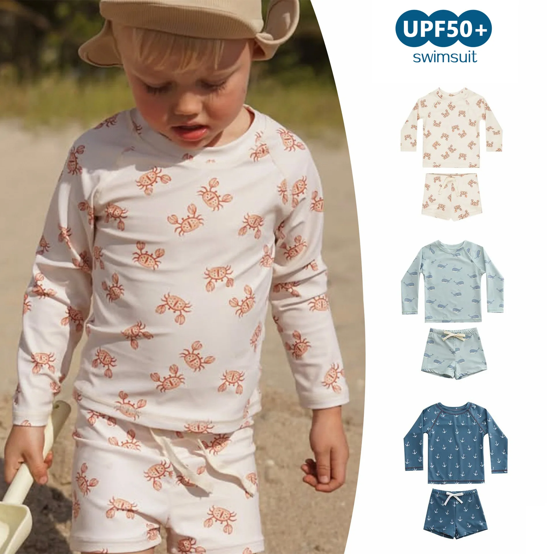 2026 Toddler Boys Whale Print Rash Guard Swimsuit Set UPF 50+ Long Sleeve Kids 2 Piece Swimwear with Swim Trunks