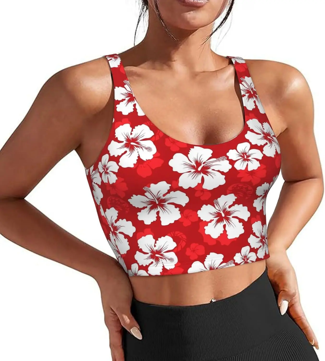 Red Hawaii Flowers Hibiscus Sports Bras for Women Built in Bra Tank Tops Longline Wirefree Workout Running Bra Removable Pads