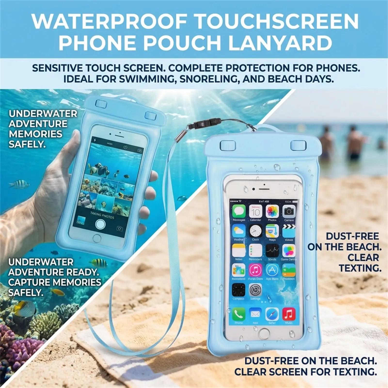 Blue Black Waterproof Phone Bag Transparent PVC Touch Screen Phone Organizer Swimming Snorkeling Beach Use for Men Women view 6