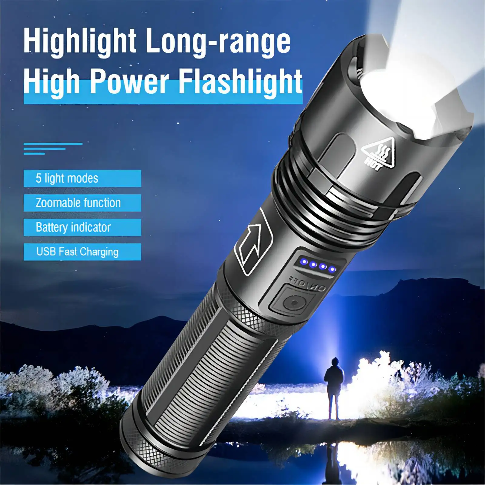 

1000 Lumens Super Bright Tactical Flashlight XHP70 Long Range Powerful LED Torch USB Rechargeable IPx4 Waterproof Work Lights