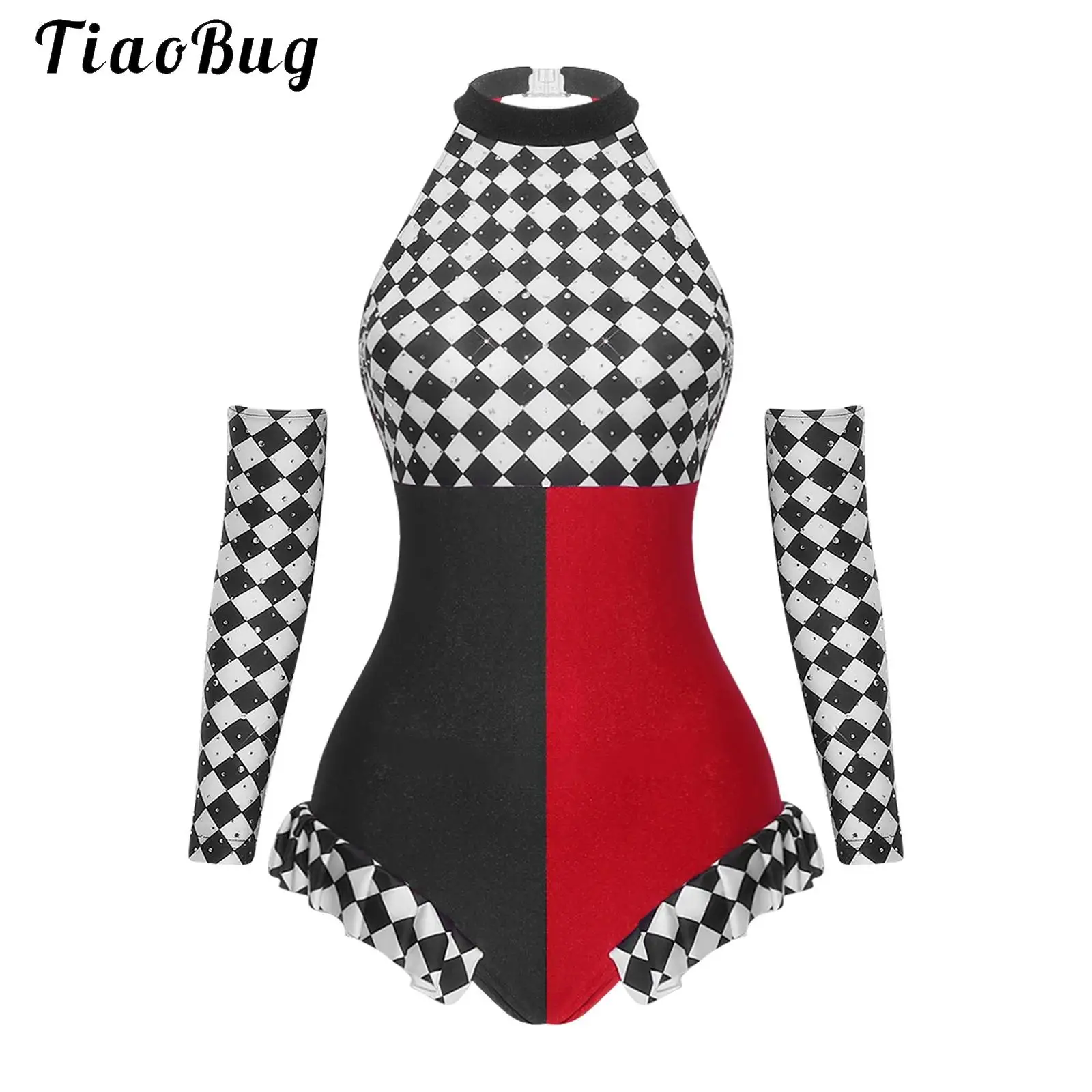 女性チェッカーボードカラーブロックダンスレオタードホルターバックレスフリルボディスーツ手袋付きハロウィンピエロコスプレドレスアップ