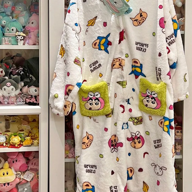 

Cute Kawaii Crayon Shin-Chans Pajamas Coral Velvet Jumpsuit Pajamas Thick Plush Night-Robe Can Be Worn Externally Ins Girls Gift