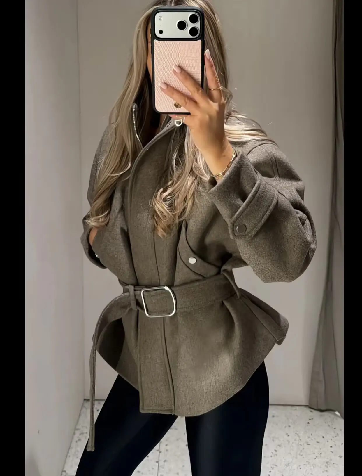Women's Thick Woolen Jacket Coat Autumn Female Stand Collar Full Sleeve Jacket With Belt Lady Fashion Commute Outerwear Tops
