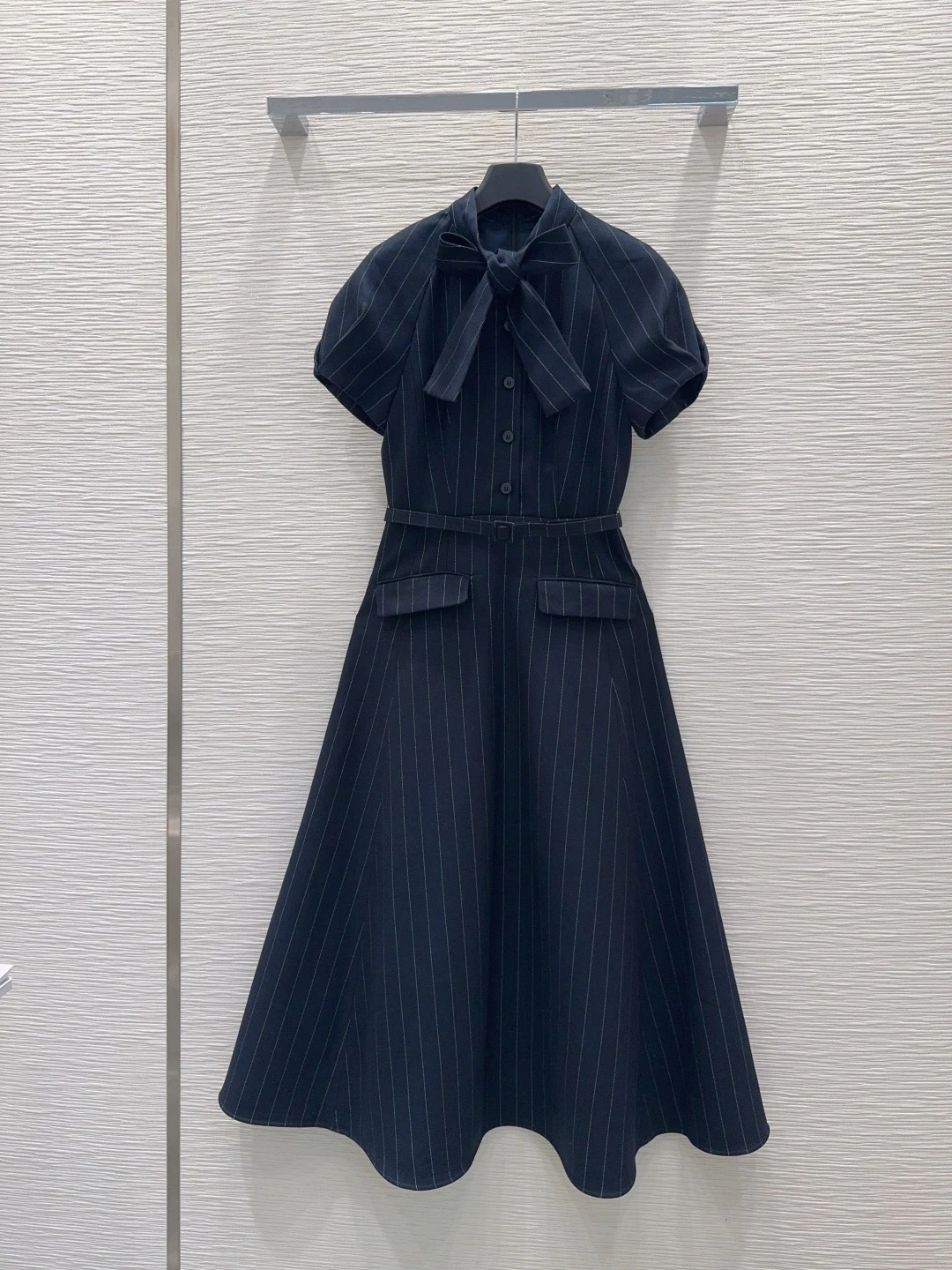 Women Striped Midi Dress Bow Neck Short Sleeve A-line Dress With Belt Elegant Office Ladies Formal Work Dresses