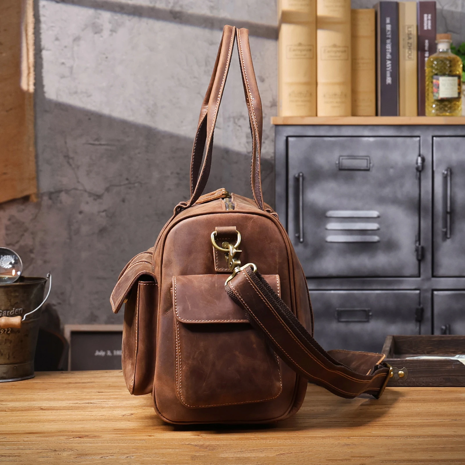 S.WORKER Große Kapazität Echtleder Vintage Rindsleder Reisetasche Weekender Herren Reisetasche Sporttasche Retro-Stil – Detail 10