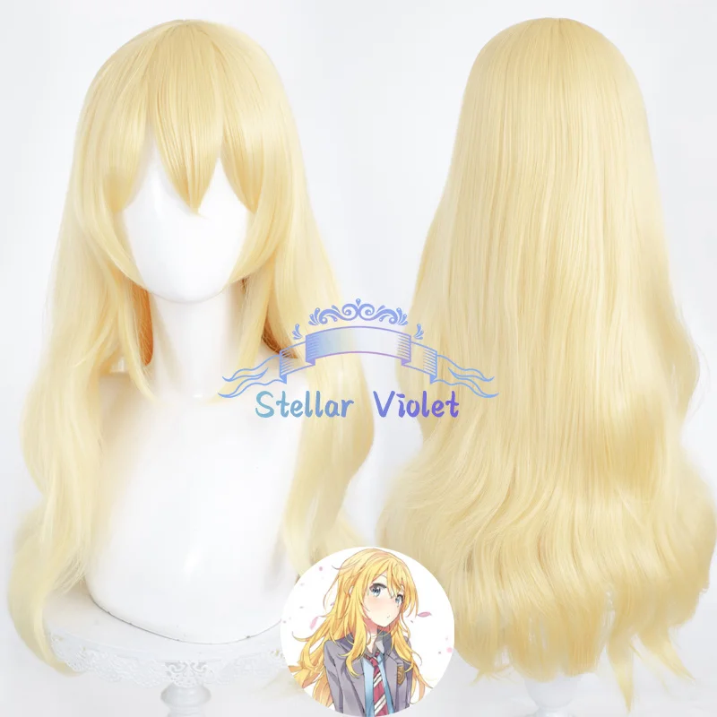 Peluca de Cosplay de Anime Your Lie in April Miyazono Kaori, pelo sintético dorado de 80cm de largo y rizado, pelucas de Anime resistentes al calor + gorro de peluca