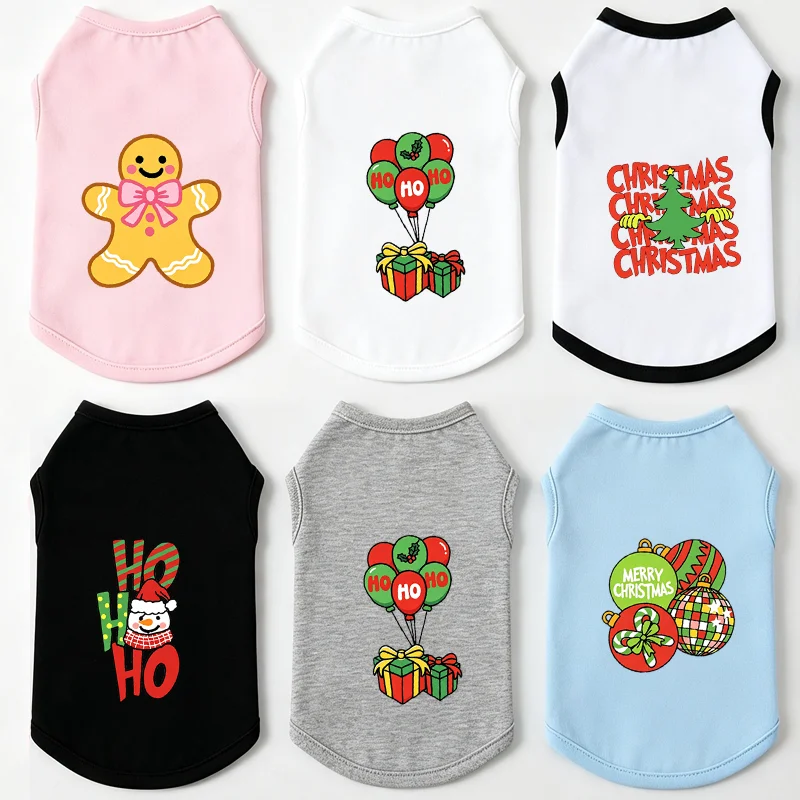Christmas Graphic Print Dog Vest Sleeveless Pet Tank Top Cute Gingerbread Man Gift Balloon Pattern Holiday Outfit
