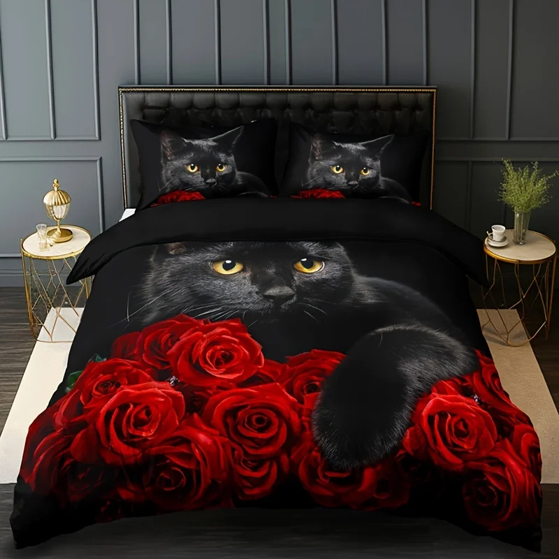 Black Cat Rose Print Duvet Cover and 2 Pillowcases Breathable Polyester Bedding Set Perfect for All Seasons