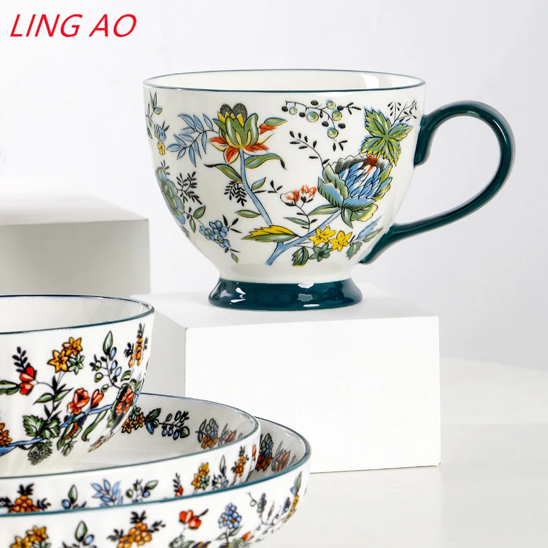 LingAo     Hand-painted vintage ceramic rice bowl, plate and cutlery set