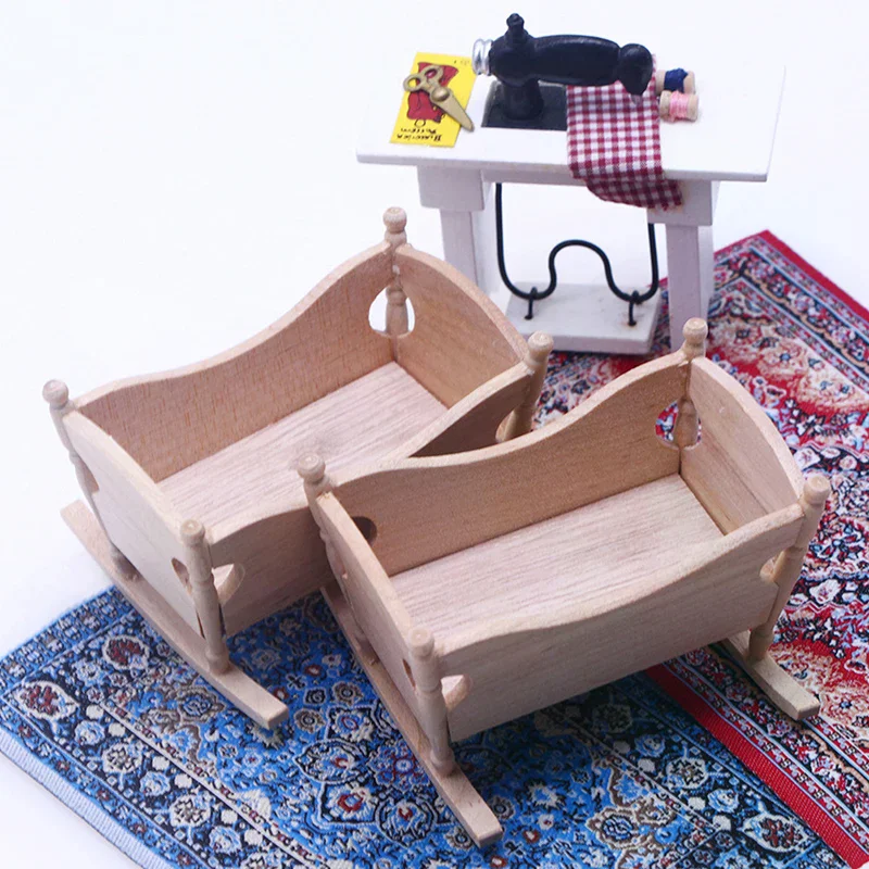 1:12 Dollhouse Miniature Wooden Baby Cardle Bed Pretend Play Furniture Decoration For Kids view 2