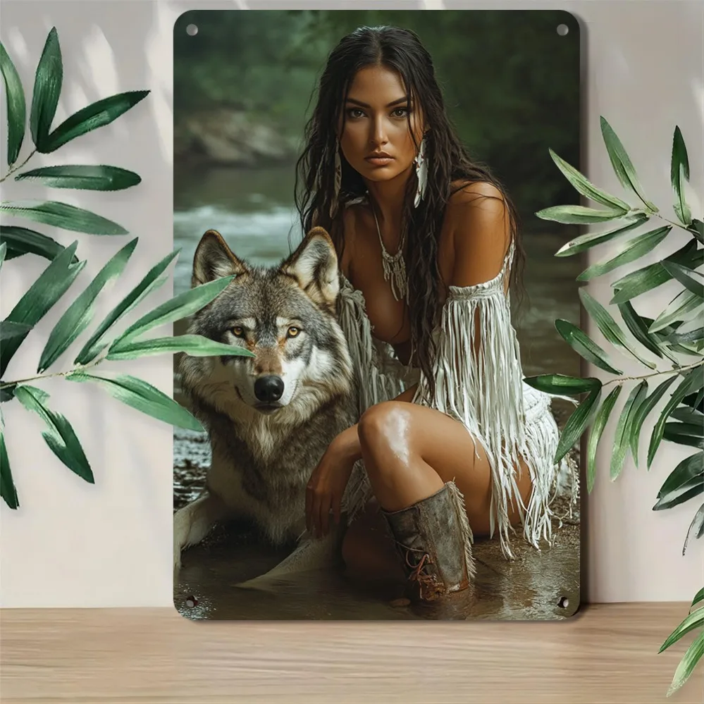 Vintage Wolf & Lady Metal Tin Sign 8x12 Inch Retro Aluminum Wall Plaque Home Bar Room Decorative Art