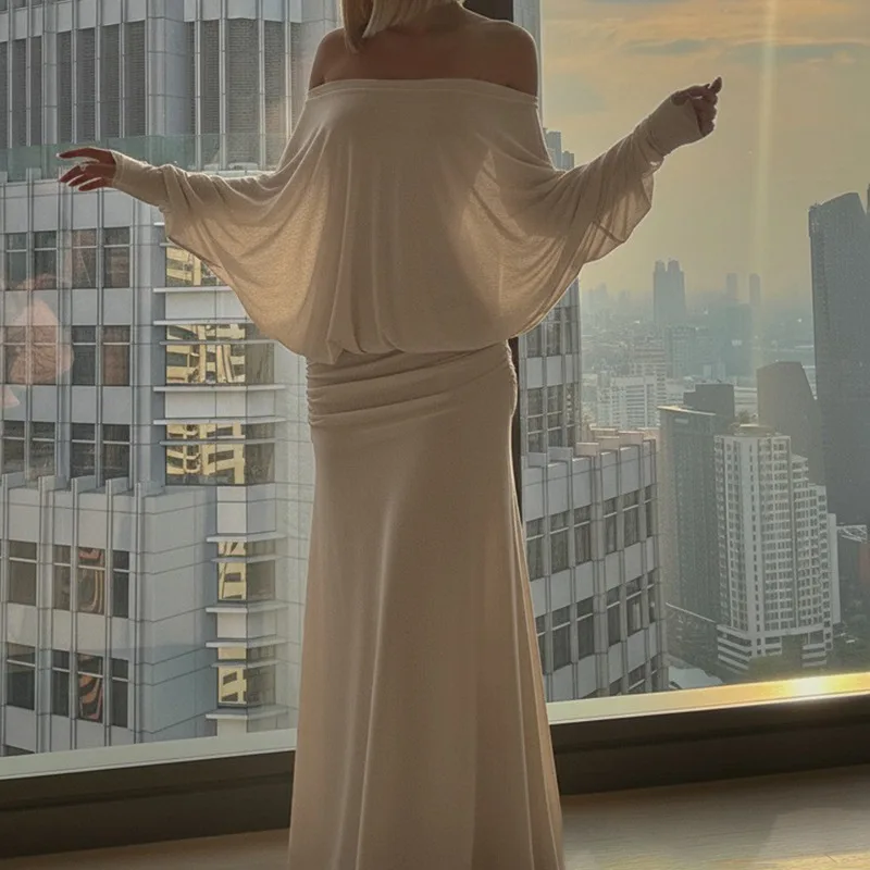 Robe longue moulante pour femmes, élégante, Maxi, Sexy, col Slash, épaules dénudées, manches longues, drapée, Patchwork, fête, automne 2025