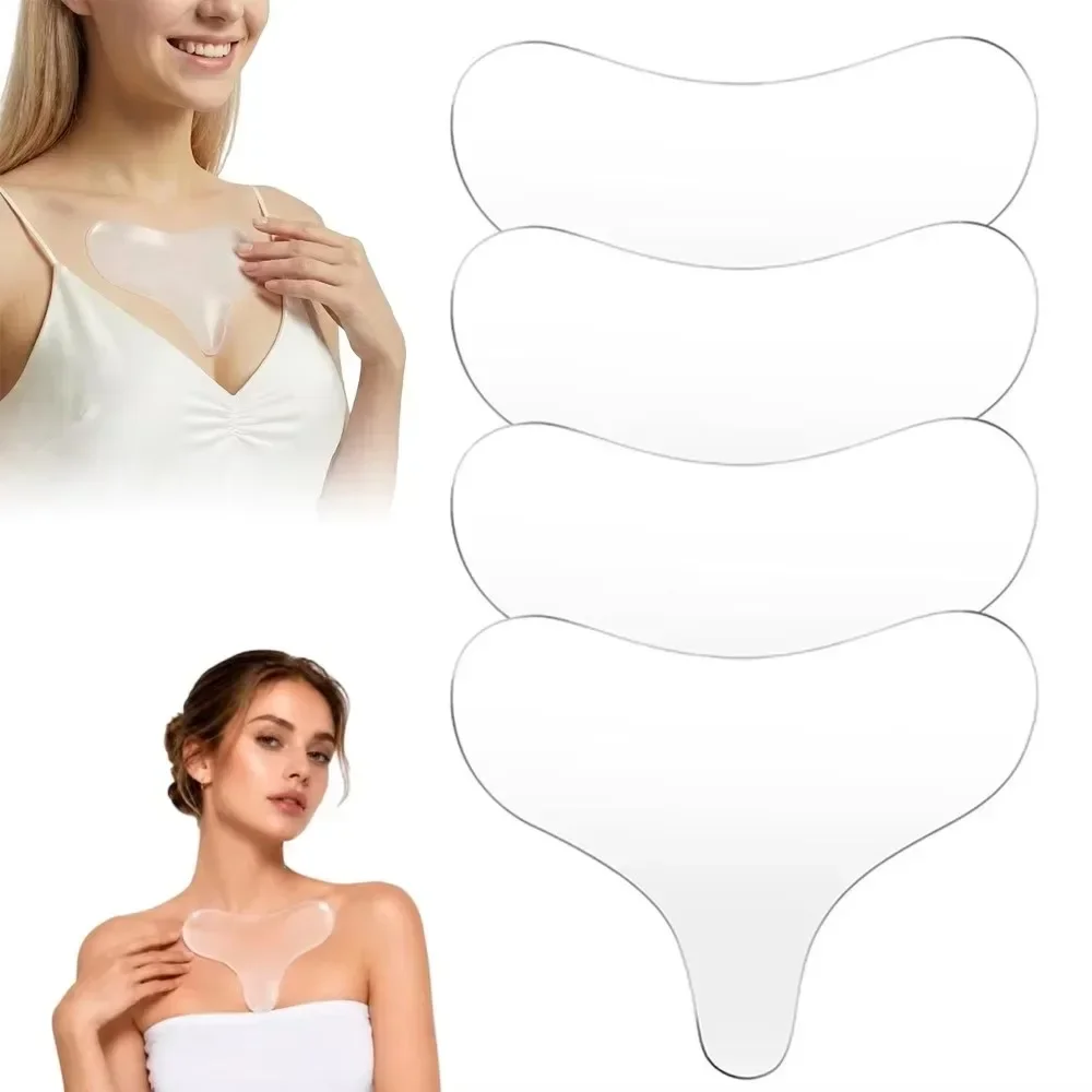 4 patchs anti-rides en silicone pour le décolleté, coussinets hydratants réutilisables et hypoallergéniques pour la poitrine et les épaules, pour une peau lisse, atténuer les rides du sommeil et les rides du décolleté pendant la nuit.