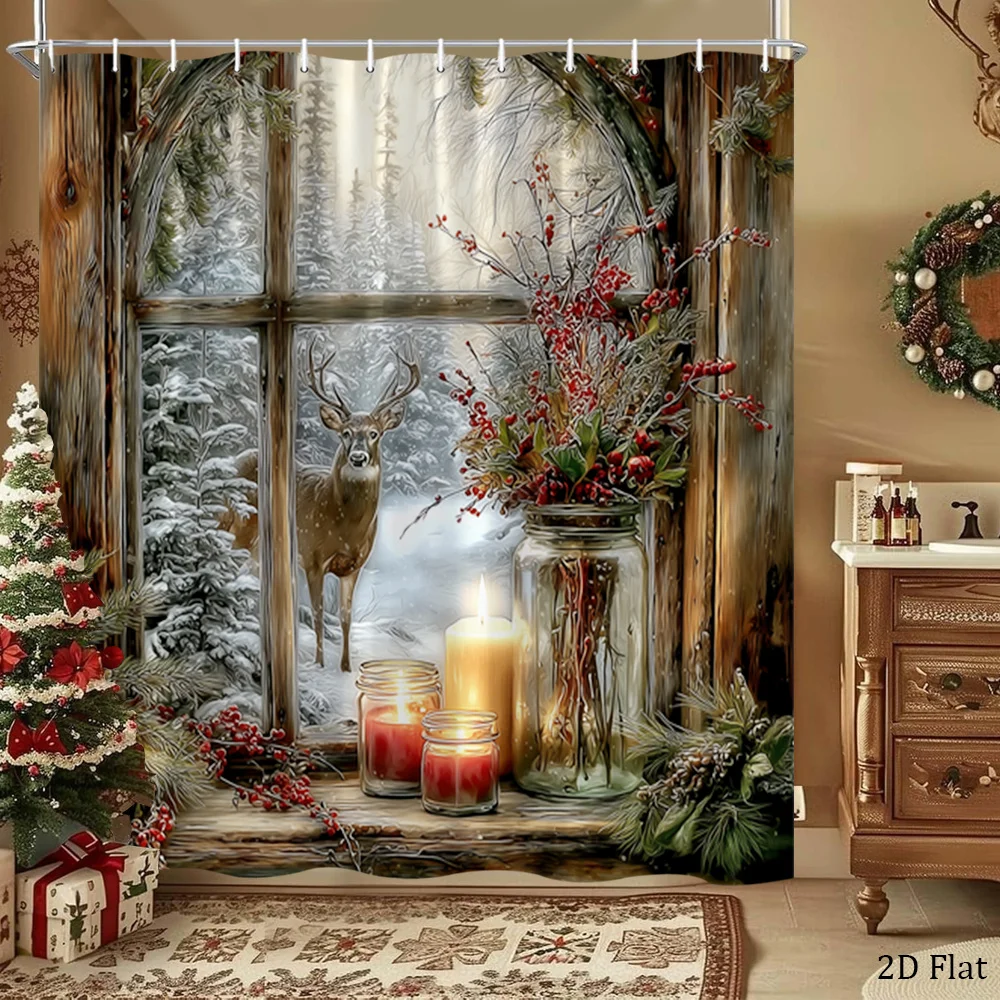 High Quality Christmas Winter Forest Shower Curtain Rustic Cabin Woodland Deer Scene Bathroom Shower Curtain Holiday Decor Print