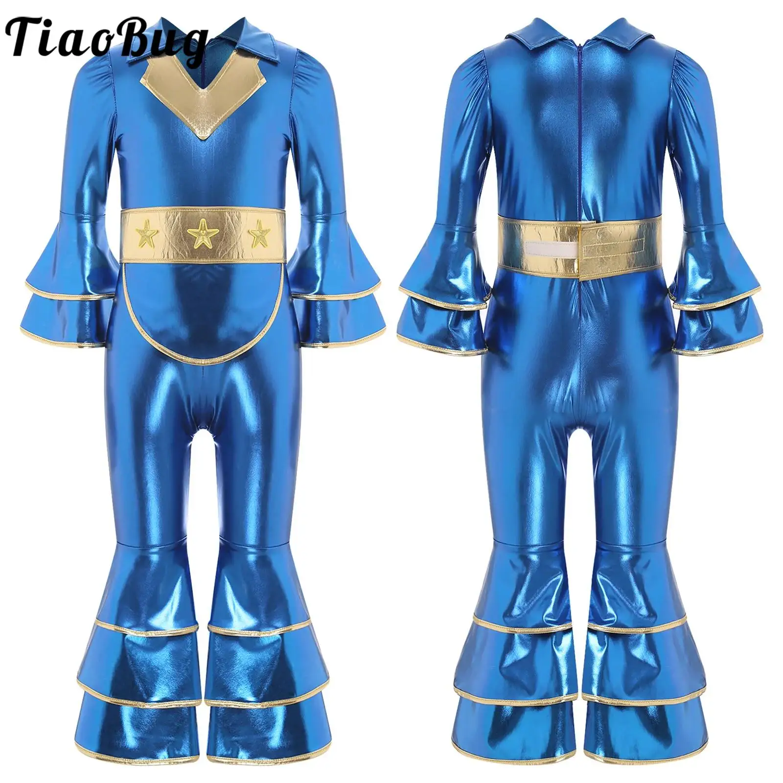 

Kid Girls Jazz Dance Ballroom 60s 70s Disco Costume Jumpsuit Metallic Turn-Down Collar Long Sleeve Rompers Performance Dancewear