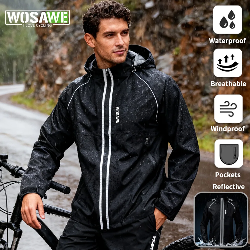 

WOSAWE Raincoat Cycling Waterproof Jacket Lightweight Motorcycle Rain Coat Breathable Reflective Hooded Outdoor Windbreaker