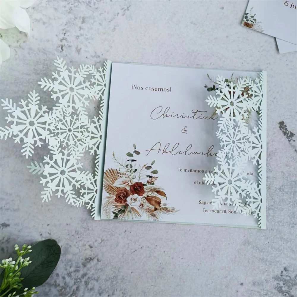 Conjunto de cartões de convite personalizados, 50 peças, flocos de neve, para anúncio de aniversário de chá de panela de casamento, cartões de inserção imprimíveis