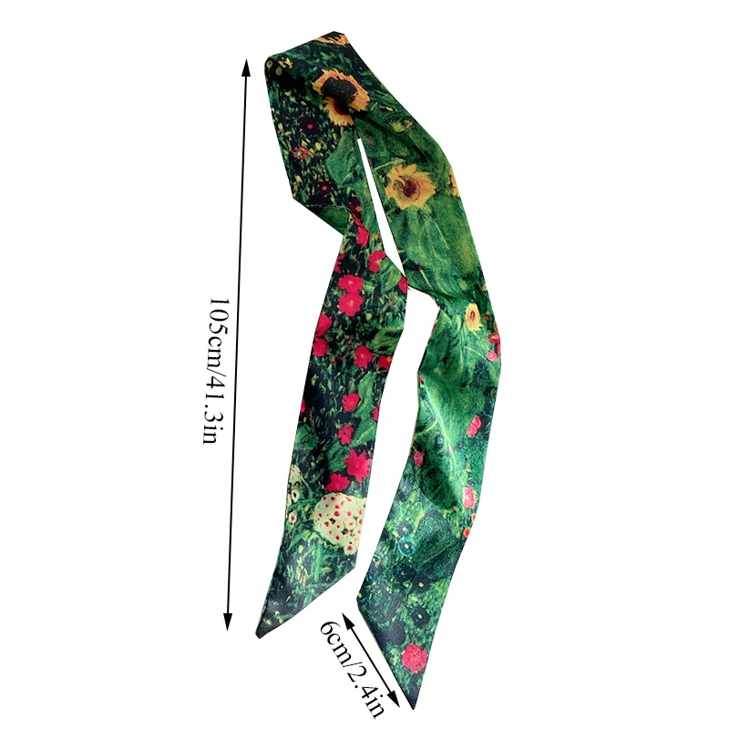 6*105cm Narrow Neckerchief Women Long Silk Scarf  Oil Painting Print Streamer Small Scarf Headband Silk Satin Bag Scarves