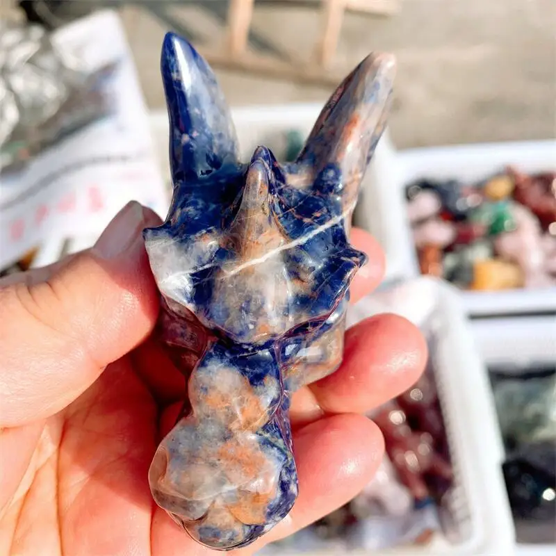 Natural Blue Sodalite Dragon Skull Head Polished Animal Powerful Statue For Home Decoration Gift 1pcs