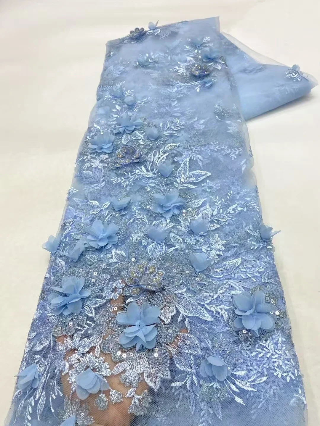 

Latest Sky Blue 3D Flowers African French Lace Fabric 2025 Beaded Sequins Nigerian Tulle Lace Fabric For Wedding Dress LXX25143